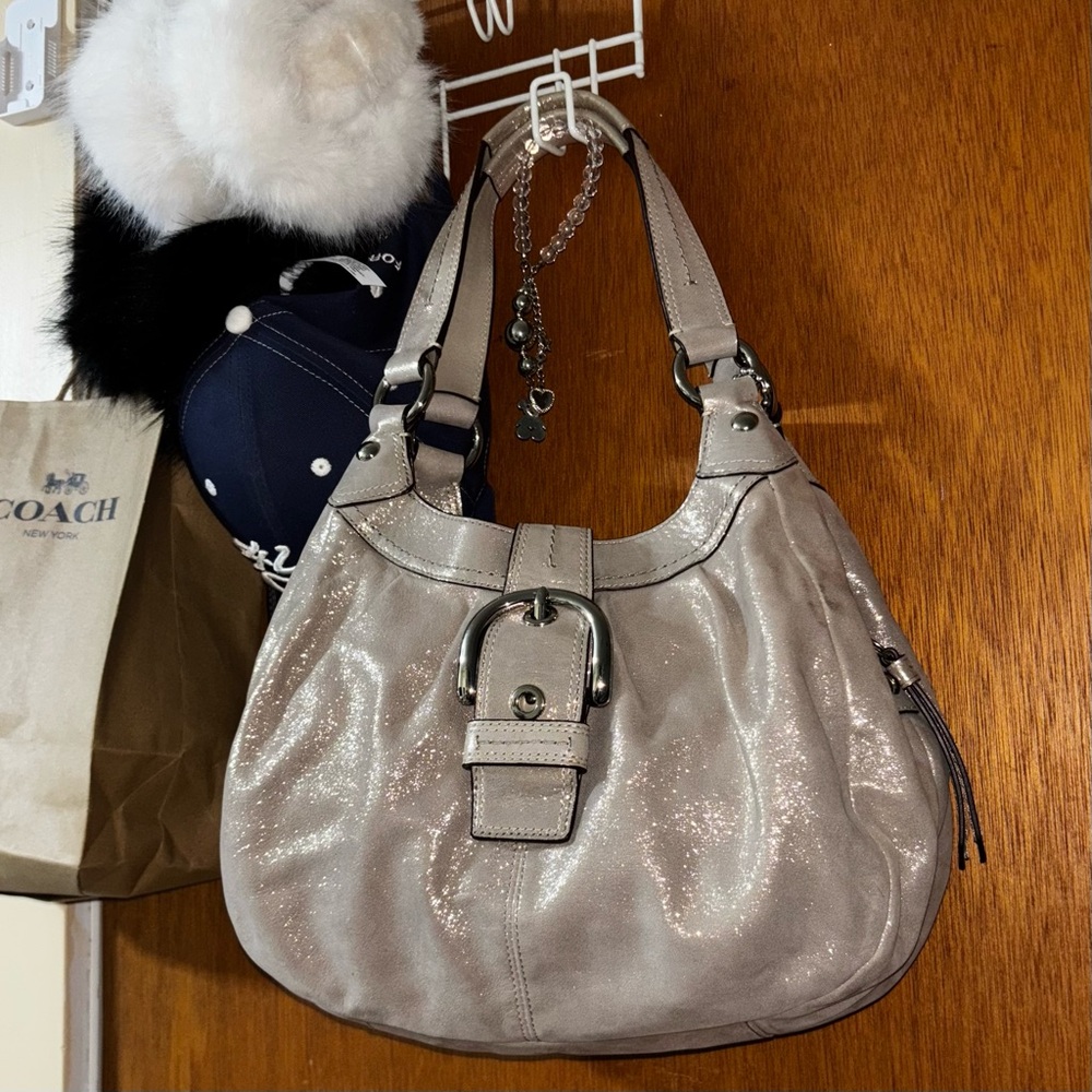 Coach Silver/Beige Hobo Bag with Sparkle Metallic Finish